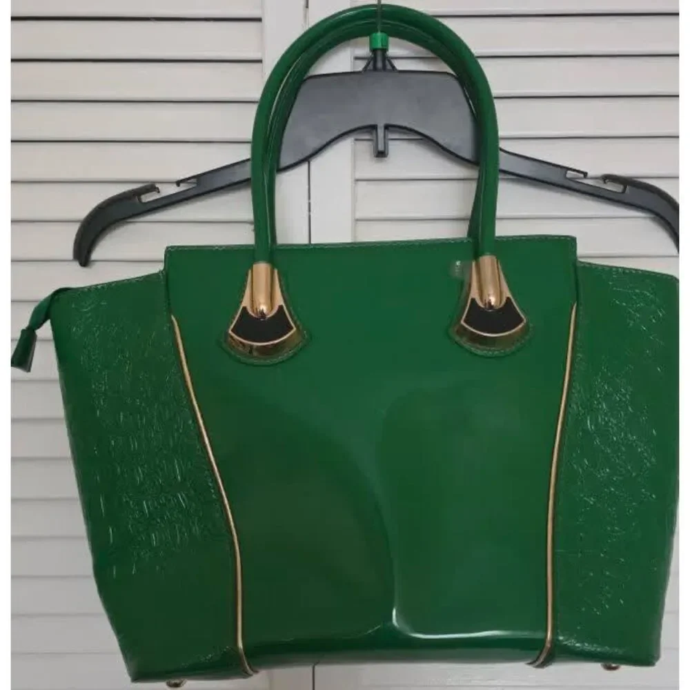 Emerald Green Patent Satchel Handbag Glossy Top Handle Bag Structured NWOT